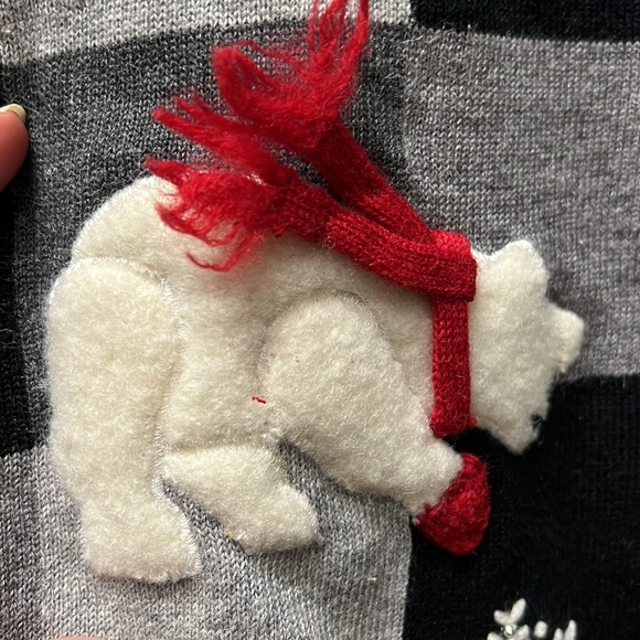 Black/gray checked Christmas cardigan with cute polar bears sporting red scarves - Picture 6 of 10